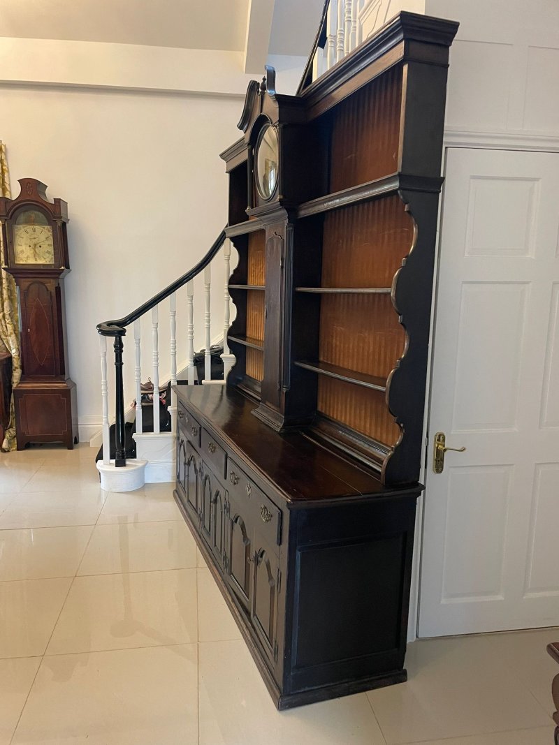 Rare 18th Century Large Antique George III Quality Oak Dresser with Rack and Longcase Clock - Image 3